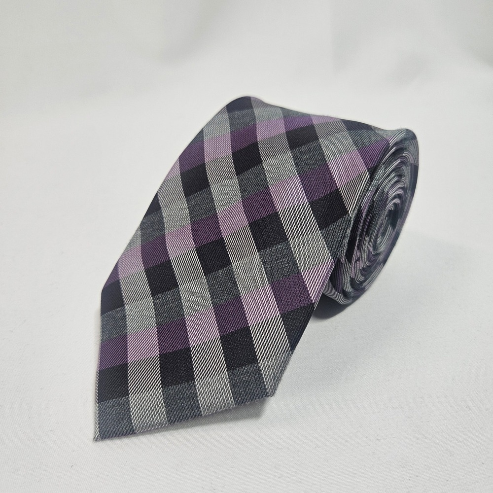 Kenneth Cole Awearness Mens Plaid Silk‎ Blend Necktie Purple Grey Black Formal
